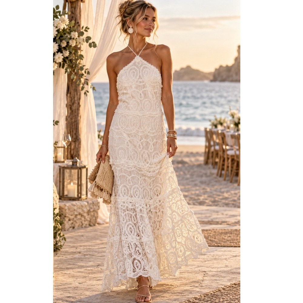 Alexis White Crochet Halter Maxi Dress sz M FABULOUS!
